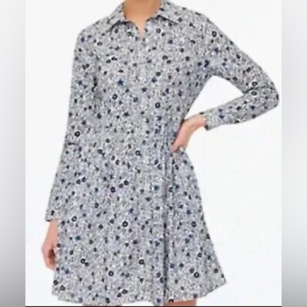 J. Crew Navy and White Floral Long-Sleeve Button Dress - Picture 2 of 16